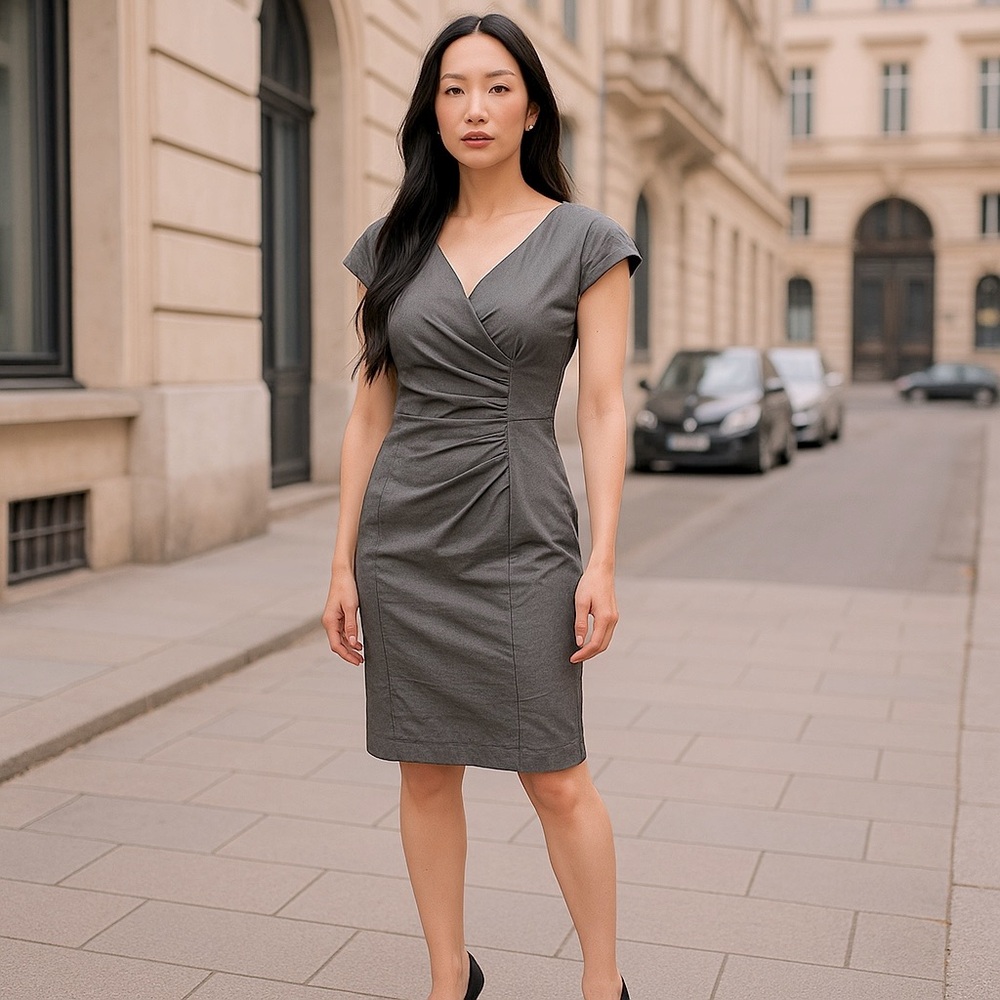 Muxxn Darker Gray Pencil Dress | Slight Ruching 
Cap Sleeve | Size L